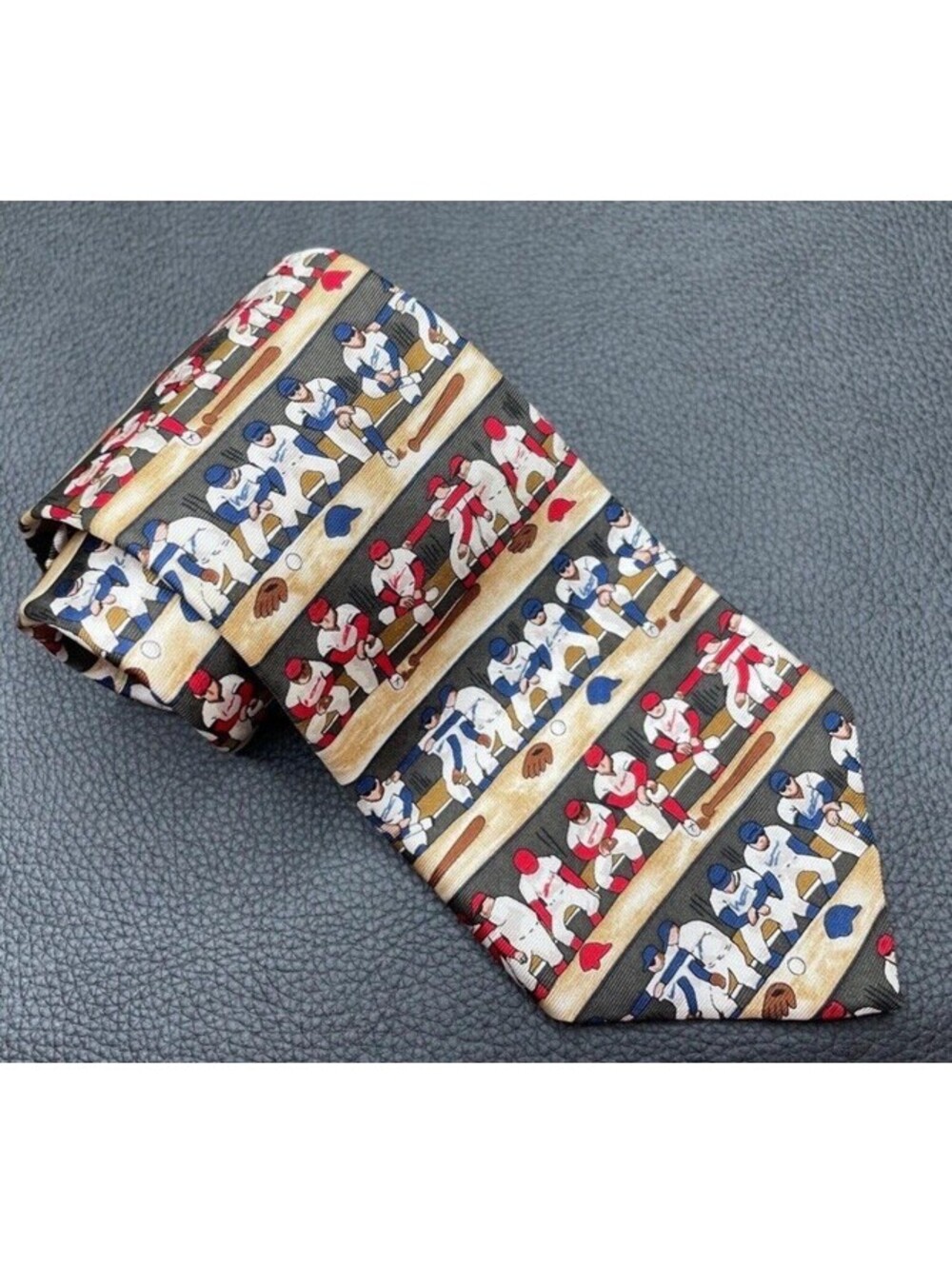 100% Silk Alynn Neckwear Mens Tie Made In USA Blue Red Baseball Bull Pen